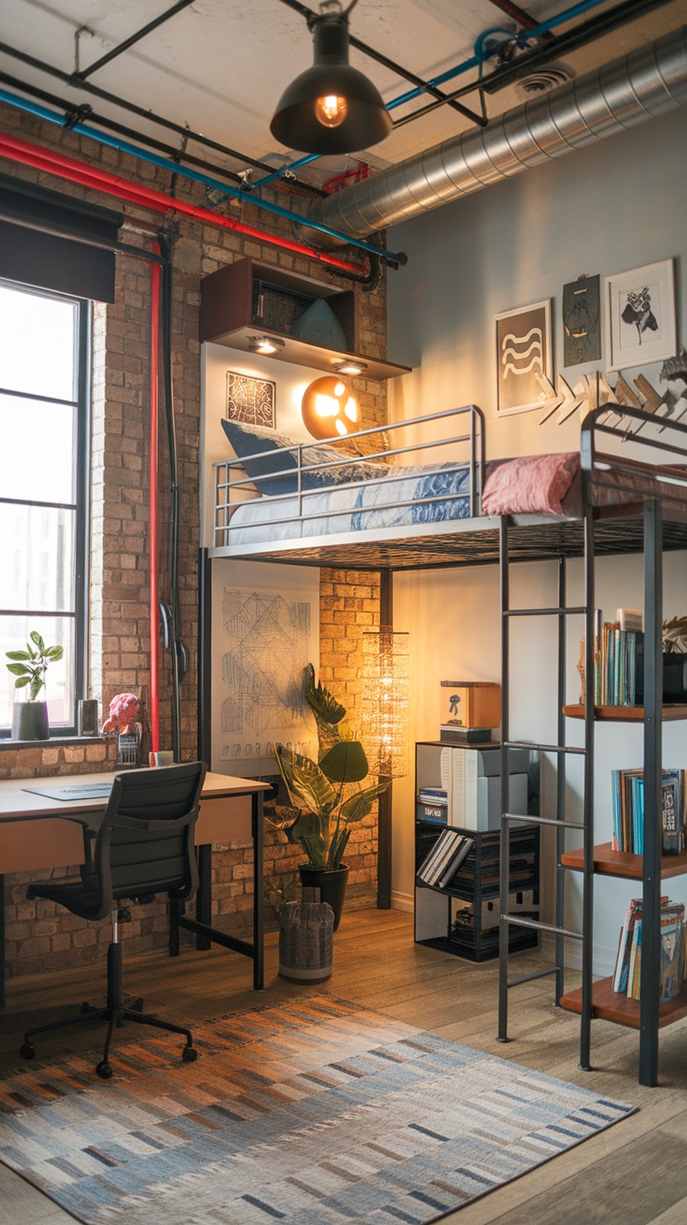 A stylish industrial chic teen boy bedroom featuring a lofted bed, desk, and plants.